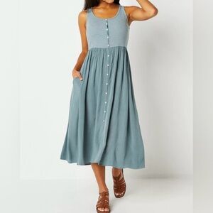 Frye Tank Dress XL Midi Easy Button Front Sleeveless Muted Teal Boho Cottagecore